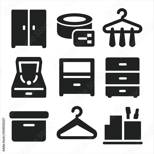 Small Space Icons. Solid, filled icons set of small space organization: closet icon, belt icon, tie hook,