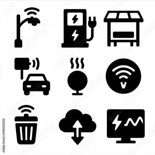 Smart City Icons. Solid, filled icons set of smart city infrastructure: smart streetlight, EV charging station