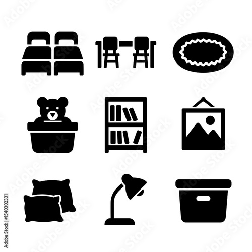 Shared Kids' Room Icons. Solid, filled icons set of shared children’s bedroom ideas: twin beds, shared desk,