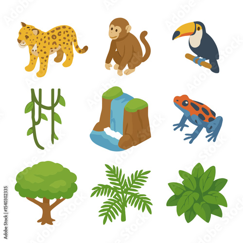 Jungle Safari Icons. Isometric Flat icon set of jungle safari fauna and flora: leopard, monkey, toucan, vine, waterfall, poison