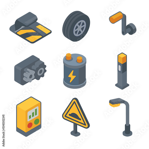Kinetic Energy Icon Set. Isometric Flat icon set of kinetic speed bump energy generation: speed bump generator, vehicle tire