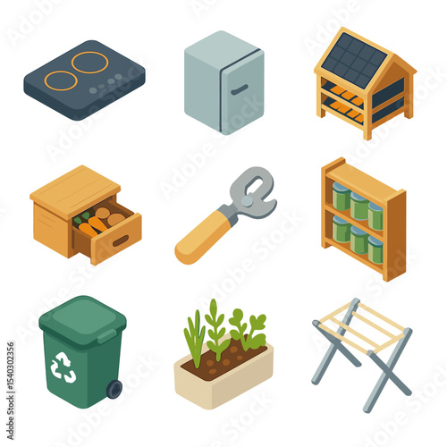 Kitchen Preservation Icons. Isometric Flat icon set of Kitchenette and Food Preservation: induction cooktop, compact refrigerator,