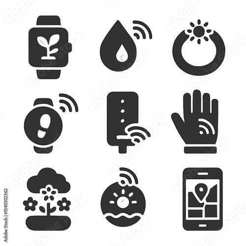Smart Gardening Icons. Solid, filled icons set of connected gardening wearables: garden smartwatch, hydration