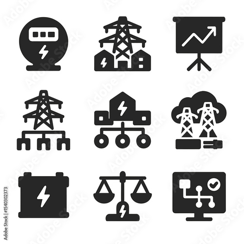 Smart Grid Icons. Solid, filled icons set of smart grid technology: smart meter, power grid, demand response,