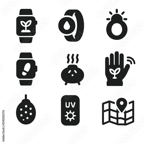 Smart Gardening Icons. Solid, filled icons set of connected gardening wearables: garden smartwatch, hydration