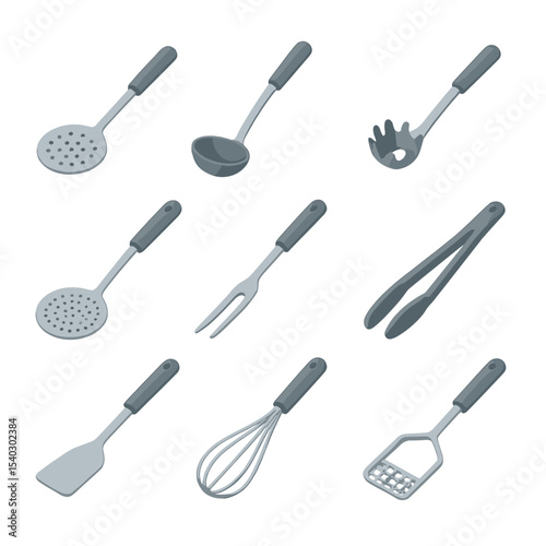 Kitchen Utensil Icons. Isometric Flat icon set of kitchen utensil companions: slotted spoon, ladle, pasta server, skimmer, carving