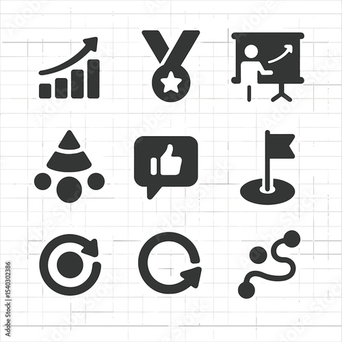 Skill Progress Icons. Solid, filled icons set of skill improvement progress: upward graph, medal icon,