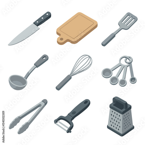 Isometric Kitchen Utensils Icons. Isometric Flat icon set of kitchen utensils: chef’s knife, cutting board, spatula, ladle, whisk,