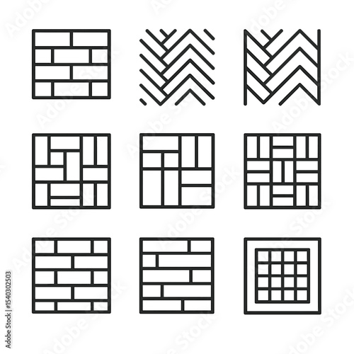 Laying Pattern Icons. Outline icon set of popular laying patterns: straight lay, herringbone, chevron, parquet block, diagonal lay
