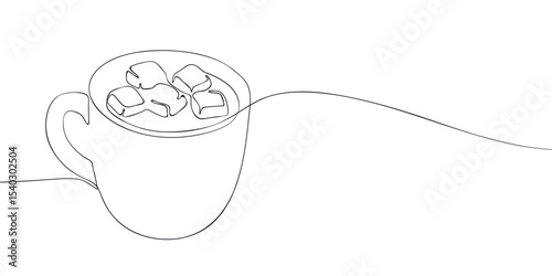 Minimalistic continuous line drawing of a cup filled with hot chocolate topped with marshmallows, perfect for cozy themes.