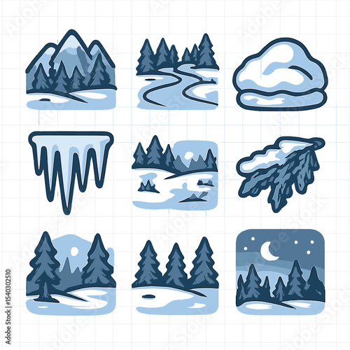 Snowy Pine Icon Set. Solid, filled icons set of snowy landscapes in pine forests: mountain backdrop, frozen