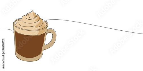 One line illustration of a coffee mug topped with whipped cream, ideal for café, breakfast, or beverage-themed content.