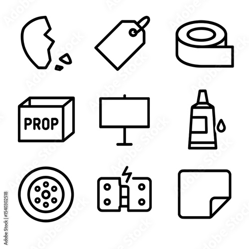 Last-Minute Prop Icons. Outline icon set of last-minute prop mishaps: broken prop shard, missing prop tag, duct tape roll, prop