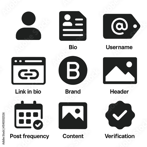 Social Media Icons. Solid, filled icons set of social media audit checklist: profile icon, bio section,
