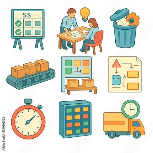 Lean Manufacturing Icons. Isometric Flat icon set of lean manufacturing principles: 5S board, Kaizen workshop, muda waste icon,