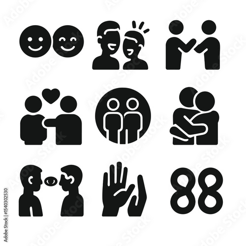Social Bonding Icons. Solid, filled icons set of social bonding through mirroring: smiling faces, laughing