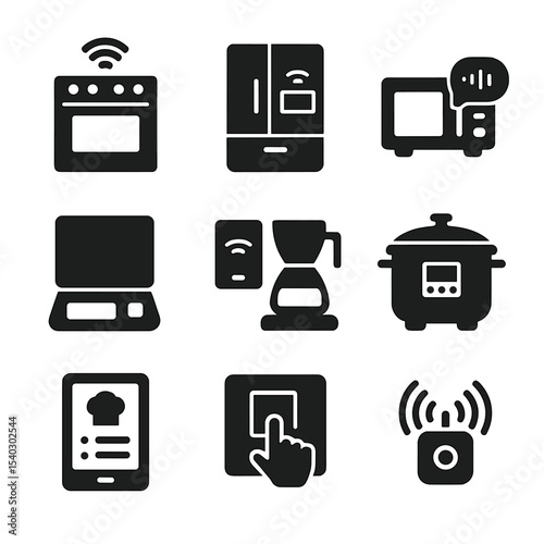 Smart Kitchen Icons. Solid, filled icons set of smart kitchen devices: Wi-Fi oven, smart fridge,