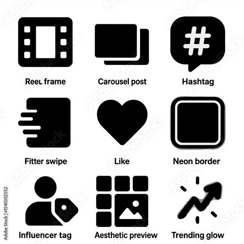 Social Media Icon Set. Solid, filled icons set of social media fashion visuals: reel frame, carousel post,