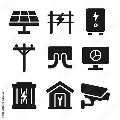 Solar Farm Icon Set. Solid, filled icons set of solar farm infrastructure: solar array, power fence, inverter
