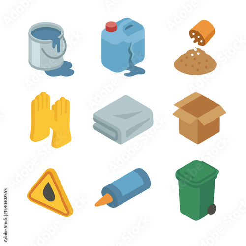 Leaking Container Cleanup Icons. Isometric Flat icon set of Leaking Container Spill Cleanup: paint can leak, plastic container
