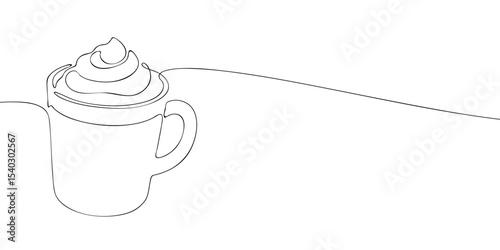 Continuous line drawing of a coffee mug topped with whipped cream, ideal for hot drink, morning, or cafe-themed content.