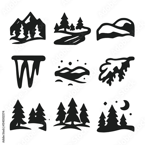 Snowy Pine Icon Set. Solid, filled icons set of snowy landscapes in pine forests: mountain backdrop, frozen