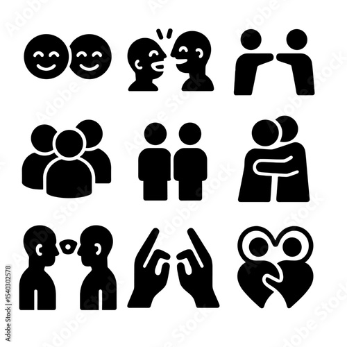 Social Bonding Icons. Solid, filled icons set of social bonding through mirroring: smiling faces, laughing