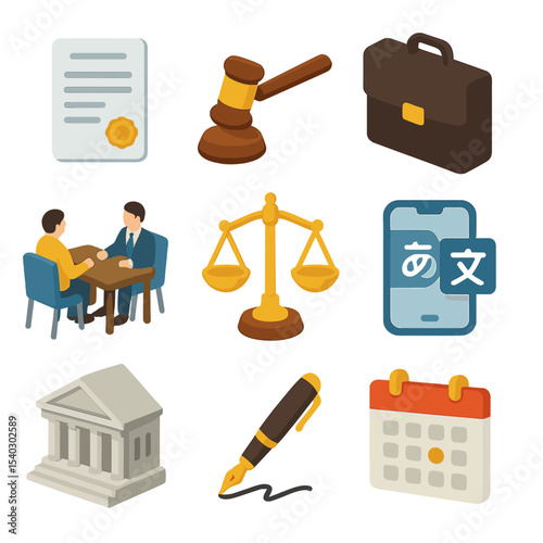 Legal Assistance Icons. Isometric Flat icon set of legal assistance for newcomers: legal document, gavel, lawyer briefcase,
