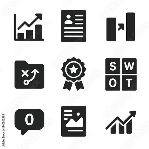 Social Media Strategy Icons. Solid, filled icons set of competitor social presence audit: comparison graph,
