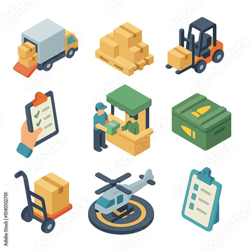 Logistics Icon Set. Isometric Flat icon set of supply and logistics operations: cargo truck unloading, supply pallet, forklift,
