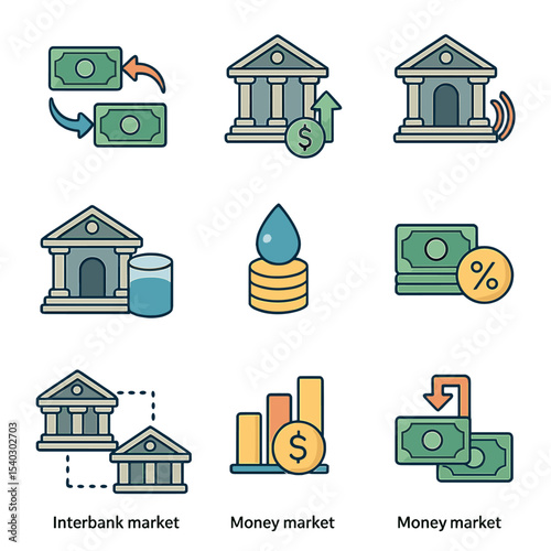 Liquidity Management Icons. Isometric Flat icon set of liquidity management operations: repo operation, reverse repo operation,