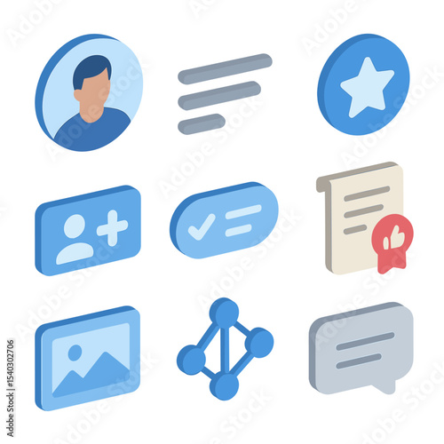 LinkedIn Icon Set. Isometric Flat icon set of LinkedIn profile showcase: profile picture frame, headline text, endorsement badge,