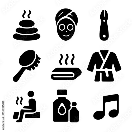 Spa Icon Collection. Solid, filled icons set of spa and pampering moments: massage stone, cucumber eyes,
