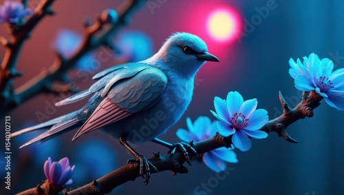 Pájaro cibernético posado en una rama floreciente bajo la luz del neón. Combinación de formas orgánicas y mecánicas en una composición artística