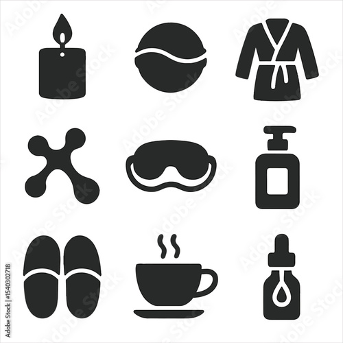 Spa Gifts Icons. Solid, filled icons set of spa and relaxation gifts for mom: candle icon, bath bomb, robe