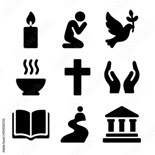 Spiritual Icon Set. Solid, filled icons set of spiritual grief expressions: candle flame, praying figure,