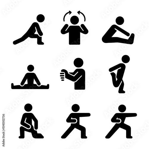 Sport Stretch Icons. Solid, filled icons set of sport-specific stretch routines: runner’s lunge, swimmer’s