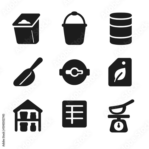 Stable Equipment Icons. Solid, filled icons set of stable equipment and feed storage: feed bin, bucket hanger,