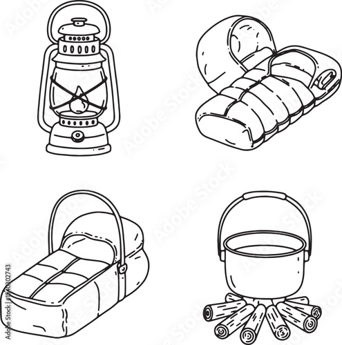 Camping Essentials Lantern, Sleeping Bag, Camp Bed, and Cooking Pot Illustrations
