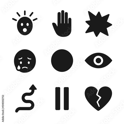 Stages of Grief Icons. Solid, filled icons set of stages of grief: shock icon, denial hand, anger burst,