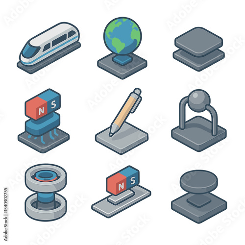 Maglev Devices Icon Set. Isometric Flat icon set of magnetic levitation devices: maglev train, levitating globe, hoverboard pad,