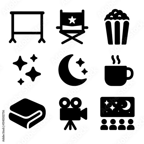 Starlit Cinema Icons. Solid, filled icons set of starlit cinema evenings: big screen, director’s chair,