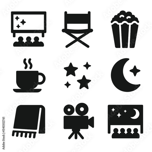 Starlit Cinema Icons. Solid, filled icons set of starlit cinema evenings: big screen, director’s chair,
