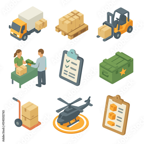 Logistics Icon Set. Isometric Flat icon set of supply and logistics operations: cargo truck unloading, supply pallet, forklift,