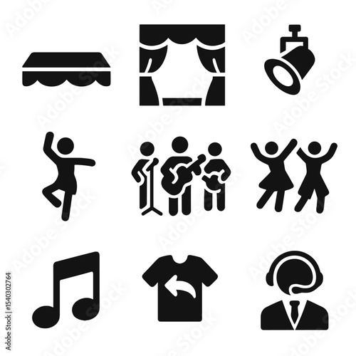 Stage Performance Icons. Solid, filled icons set of performance on stage: stage platform, curtain, spotlight,