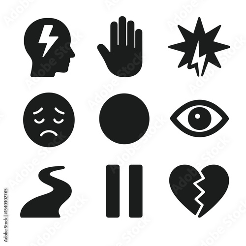 Stages of Grief Icons. Solid, filled icons set of stages of grief: shock icon, denial hand, anger burst,