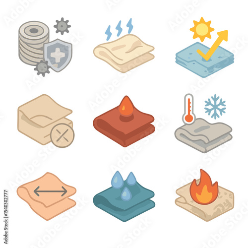 Luxury Textile Icons. Isometric Flat icon set of high-performance luxury textiles: antimicrobial silver yarn, moisture-wicking
