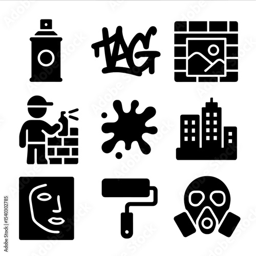 Street Art Icons. Solid, filled icons set of street art culture: spray can, graffiti tag, mural wall, street