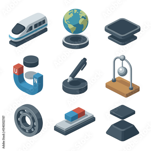 Maglev Devices Icon Set. Isometric Flat icon set of magnetic levitation devices: maglev train, levitating globe, hoverboard pad,