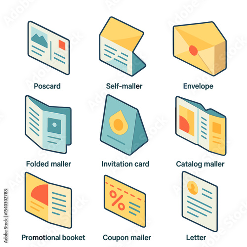 Isometric Mail Icon Set. Isometric Flat icon set of direct mail marketing: postcard, self-mailer, envelope with card, folded